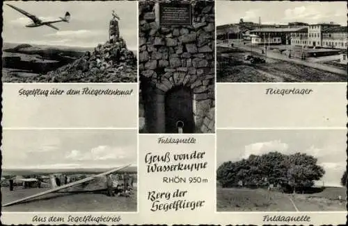 Ak Gersfeld in der Rhön Hessen, Wasserkuppe, Fliegerlager, Fliegerdenkmal, Fuldaquelle