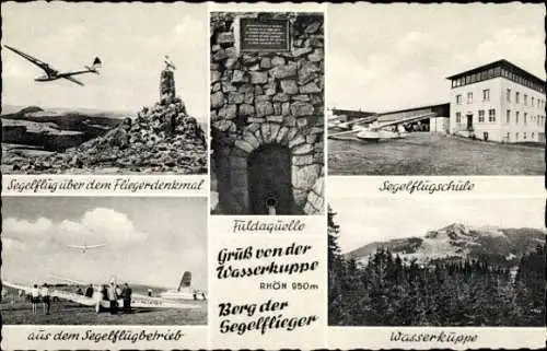 Ak Gersfeld in der Rhön Hessen, Wasserkuppe, Fliegerlager, Fliegerdenkmal, Fuldaquelle