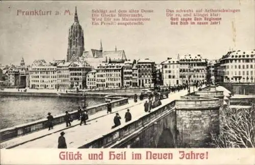 Ak Frankfurt am Main, Gedicht Stoltze, Neujahr, Brücke, Winter, Kirche