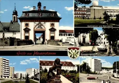 Ak Heusenstamm in Hessen, Schloss, Torbau, Kirche und Rathaus, Leipziger Ring, Wappen