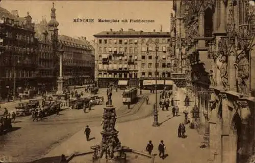 Ak München, Marienplatz, Fischbrunnen, Denkmal, Straßenbahn