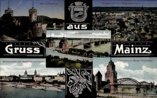 Ak Mainz am Rhein, Totalansicht, Kaiserbrücke, Stadthalle, Dom, Straßenbrücke