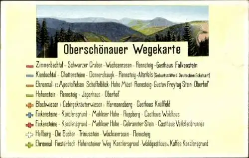 Ak Oberschönau Steinbach Hallenberg im Thüringer Wald, Wegekarte, Wanderstrecken