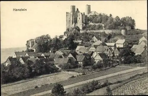 Ak Rimbach Bornhagen im Eichsfeld, Burg Hanstein, Blick auf den Ort, Felder