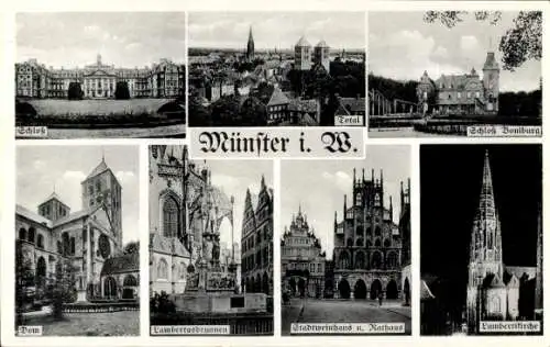 Ak Münster in Westfalen, Schloss, Dom, Lambertusbrunnen, Stadtweinhaus, Rathaus, Lambertikirche