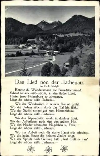 Ak Jachenau in Oberbayern, Panorama, Lied von der Jachenau von Ferd. Feldigl