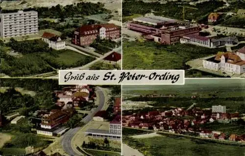 Ak Nordseebad Sankt Peter Ording, Luftaufnahmen, Hochhaus, Bahnhofsgaststätte