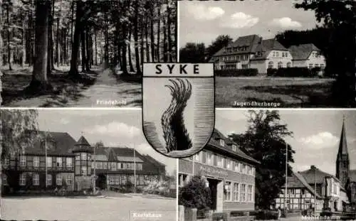 Ak Syke in Niedersachsen, Friedeholz, Jugendherberge, Kreishaus, Mühlendamm, Wappen