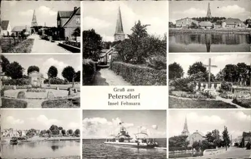 Ak Petersdorf Insel Fehmarn, Kirche, Denkmal, Fähre, Straßenpartien