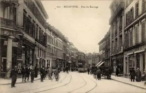 Ak Mulhouse Mülhausen Elsass Haut Rhin, Straßenpartie, Straßenbahn, Passanten