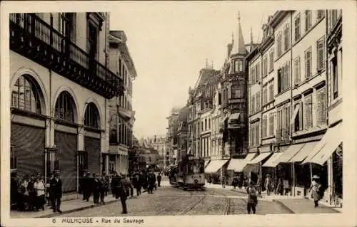 Ak Mulhouse Mülhausen Elsass Haut Rhin, Straßenpartie, Tram, Geschäfte