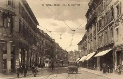 Ak Mulhouse Mülhausen Elsass Haut Rhin, Straßenpartie, Geschäfte, Straßenbahn