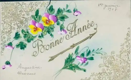 Zelluloid Ak Glückwunsch Neujahr, Stierfmütterchen