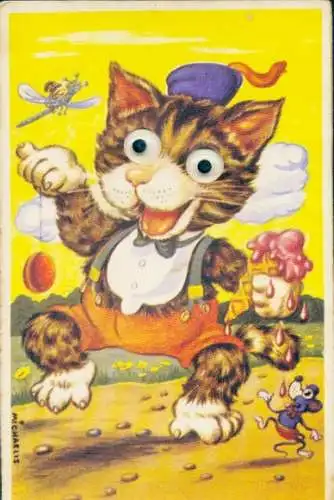 Mechanische Ak Glückliche Katze, Waffeleis, Libelle, Maus