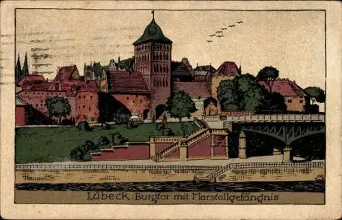 Steindruck Ak Lübeck, Burgtor m. Marstallgefängnis