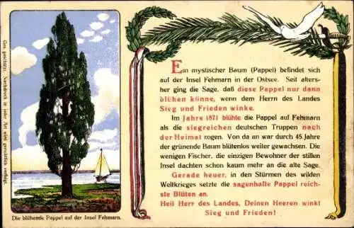 Künstler Ak Insel Fehmarn Ostholstein, Die blühende Pappel, Taube, Sage