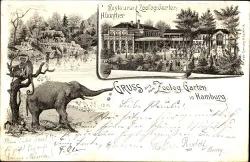 Litho Hamburg Mitte Neustadt, Zoologischer Garten, Restaurant H. Günther, Elefant, Affen