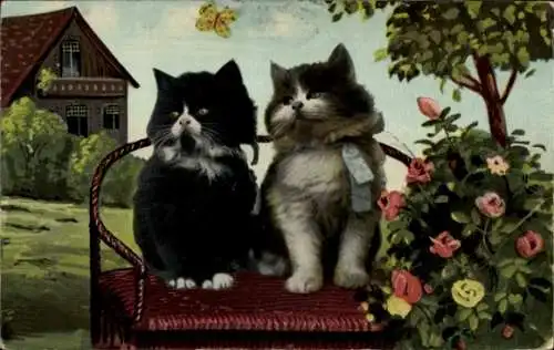 Ak Zwei junge Katzen im Garten, Blumen, Schmetterling