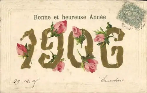 Präge Ak Glückwunsch Neujahr 1906, Rosen