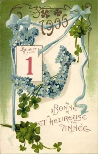Ak Glückwunsch Neujahr 1906, Kalender, Glücksklee, Vergissmeinnicht