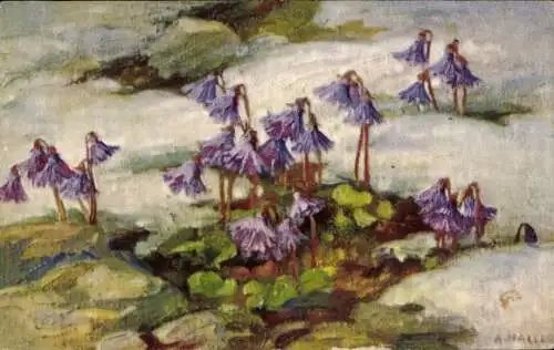 Künstler Ak Haller, A., Violette Blumen, Schnee