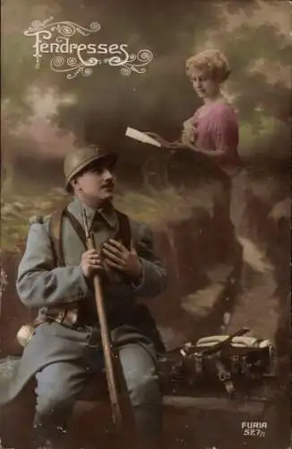 Ak Französischer Soldat in Uniform, Frau liest einen Brief, Soldatenliebe