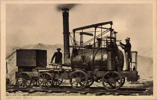 Ak Puffing Billy, Britische Eisenbahn, erste Lokomotive, Deutsches Museum München