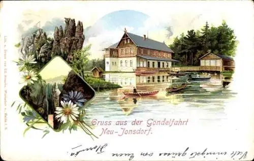 Litho Neu Jonsdorf in Sachsen, Gondelfahrt, Gasthaus, Ruderboote