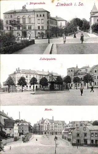 Ak Limbach in Sachsen, Ludwigsplatz, Markt, 1. Bürgerschule