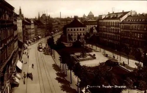 Ak Chemnitz in Sachsen, Straßenbahn in der Theaterstraße, Denkmal