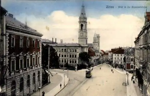 Ak Zittau Sachsen, Bautznerstraße, Straßenbahn