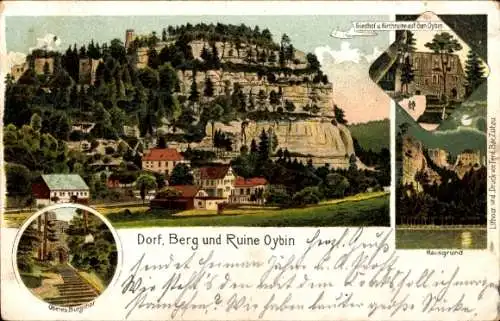 Litho Oybin in Sachsen, Dorf, Berg, Ruine, Oberes Burgtor, Friedhof und Kirchruine, Hausgrund