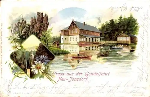 Litho Neu Jonsdorf in Sachsen, Gondelfahrt, Gasthaus, Ruderboote
