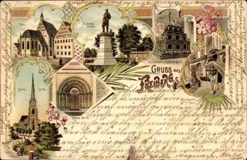 Litho Freiberg in Sachsen, Dom, Bismarckdenkmal, Jakobi Kirche, Kanzeln