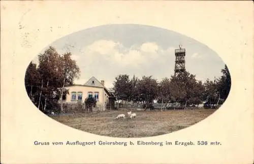 Präge Passepartout Ak Geiersberg Burkhardtsdorf im Erzgebirge, Aussichtsturm, Ziegen, Haus