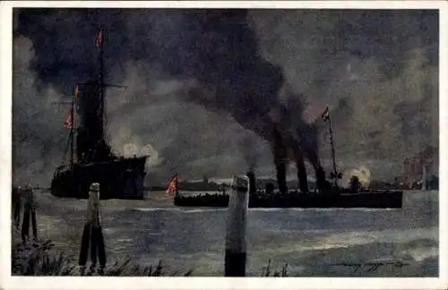 Künstler Ak Heusser, Harry, Österreichische Kriegsschiffe, SMS Novara, SMS Scharfschütze