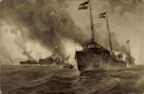 Künstler Ak Ramberg, Öst. Kriegsschiff, SMS Zerstörer im Kampf mit Ital. Kriegsschiff Turbine