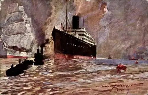 Künstler Ak Heusser, Harry, Dampfer, Österreichischer Lloyd, Segelschiff