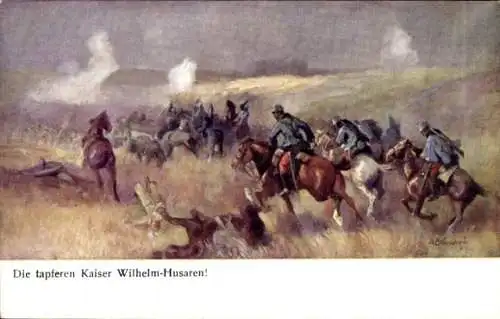 Künstler Ak Die tapferen Kaiser Wilhelm Husaren, BKWI 889 - 10, KuK Armee