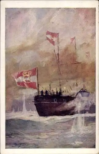 Künstler Ak Heusser, Harry, Insel Vis Lissa Kroatien, Seeschlacht, Österreichisches Kriegsschiff