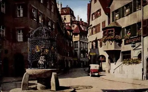 Ak Stuttgart in Baden Württemberg, Hans im Glück Brunnen, Straßenpartie in der Stadt