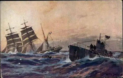 Künstler Ak Stöwer, Willy, Französische Bark wird durch deutsches U-Boot in Atlantik versenkt