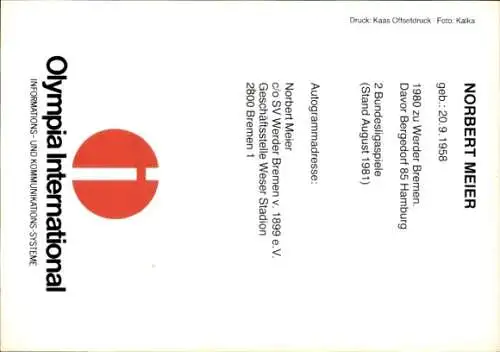 Autogrammkarte Fußball, Norbert Meier, Werder Bremen, Autogramm