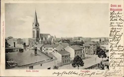 Ak Berlin Weißensee, Panorama, Katholische Kirche