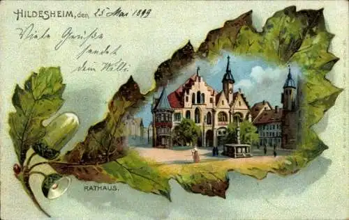 Eichenblatt Passepartout Litho Hildesheim in Niedersachsen, Rathaus