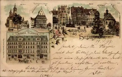 Litho Hildesheim in Niedersachsen, Dom, Rathaus, Knochenhaueramtshaus, Markt, Rosenstock