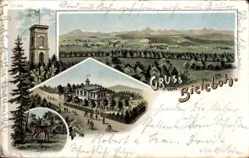 Litho Beiersdorf in der Oberlausitz, Bieleboh, Aussichtsturm, Gasthaus, Berge