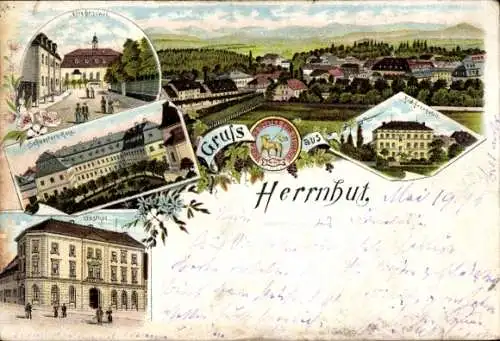 Litho Herrnhut in der Oberlausitz, Kirchensaal, Schwesternhaus, Mädchenanstalt, Gasthof