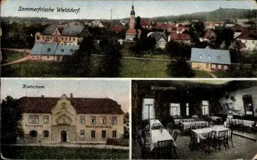 Ak Walddorf Kottmar Oberlausitz, Kirche, Kretscham, Gastwirtschaft von Bruno Dreßler, Wintergarten