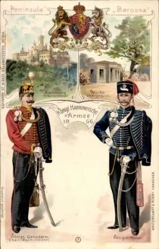 Wappen Litho Hannover, Wache im Georgengarten, Kgl. Hannoversche Armee 1866, Husar, Gendarm